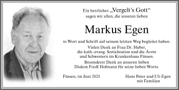 Traueranzeige von Markus Egen von Allgäuer Zeitung, Füssen
