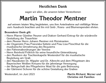 Traueranzeige von Martin Theodor Mentner von Allgäuer Zeitung, Kaufbeuren/Buchloe
