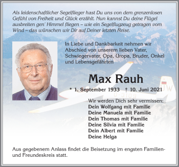 Traueranzeige von Max Rauh von Allgäuer Zeitung,Kempten
