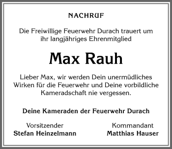 Traueranzeige von Max Rauh von Allgäuer Zeitung,Kempten