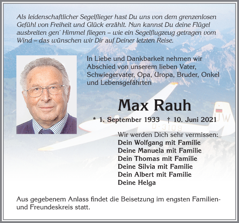  Traueranzeige für Max Rauh vom 17.06.2021 aus Allgäuer Zeitung,Kempten