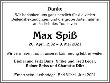 Traueranzeige von Max Spiß von Allgäuer Anzeigeblatt