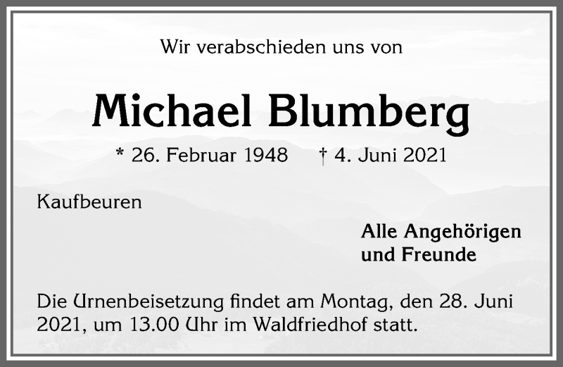  Traueranzeige für Michael Blumberg vom 12.06.2021 aus Allgäuer Zeitung, Kaufbeuren/Buchloe