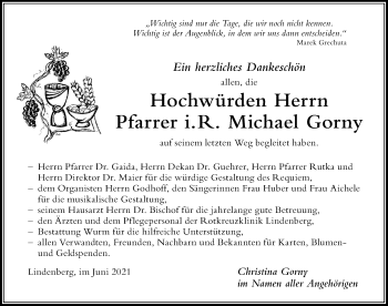 Traueranzeige von Michael Gorny von Der Westallgäuer