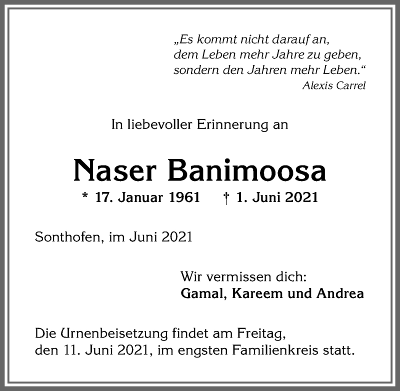  Traueranzeige für Naser Banimoosa vom 10.06.2021 aus Allgäuer Anzeigeblatt
