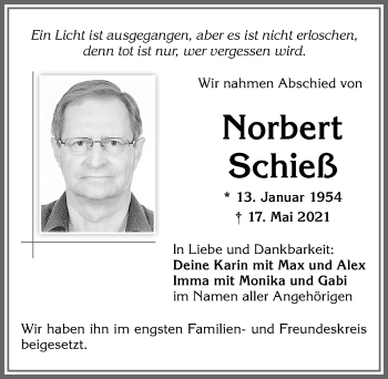Traueranzeige von Norbert Schieß von Allgäuer Zeitung,Kempten