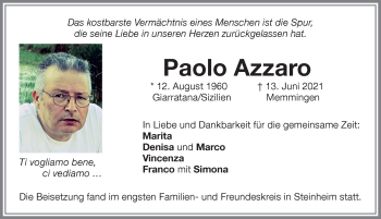 Traueranzeige von Paolo Azzaro von Memminger Zeitung