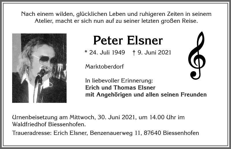  Traueranzeige für Peter Elsner vom 23.06.2021 aus Allgäuer Zeitung, Marktoberdorf