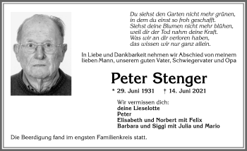 Traueranzeige von Peter Stenger von Allgäuer Zeitung,Kempten