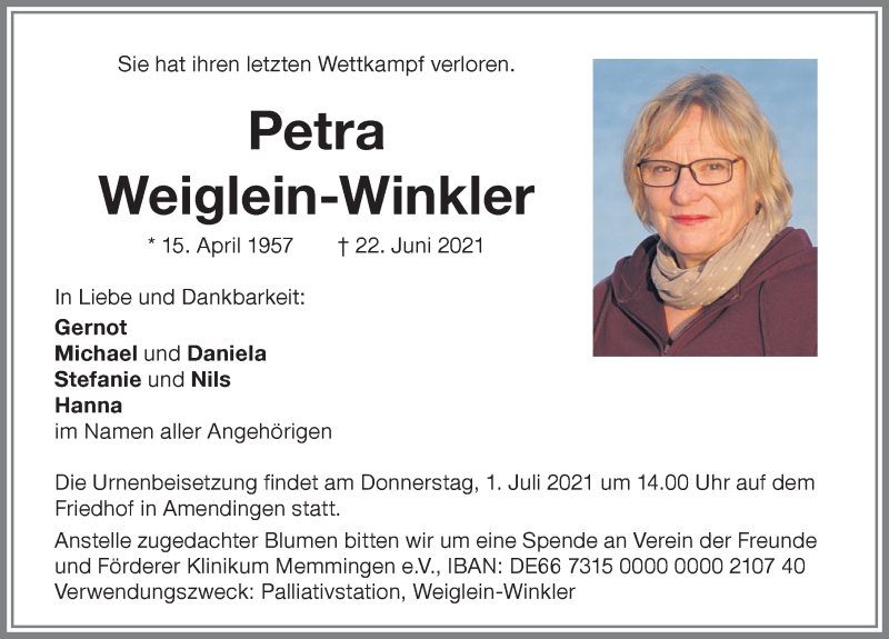  Traueranzeige für Petra Weiglein-Winkler vom 26.06.2021 aus Memminger Zeitung
