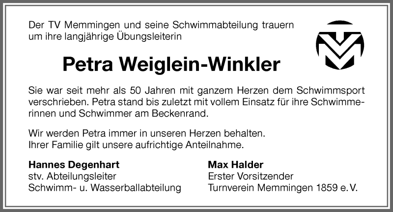  Traueranzeige für Petra Weiglein-Winkler vom 30.06.2021 aus Memminger Zeitung