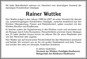 Traueranzeige von Rainer Wuttke von Allgäuer Zeitung, Kaufbeuren/Buchloe