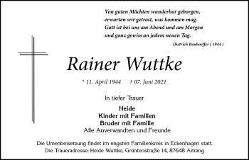Traueranzeige von Rainer Wuttke von Allgäuer Zeitung