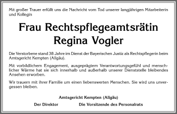 Traueranzeige von Regina Vogler von Allgäuer Zeitung,Kempten