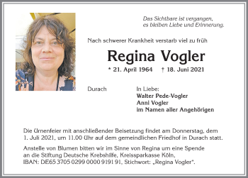 Traueranzeige von Regina Vogler von Allgäuer Zeitung,Kempten