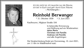 Traueranzeige von Reinhold Berwange von Allgäuer Zeitung, Kaufbeuren/Buchloe