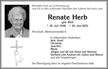 Traueranzeige von Renate Herb von Allgäuer Zeitung, Kaufbeuren/Buchloe