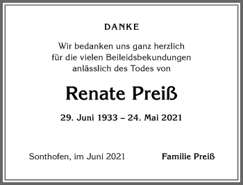 Traueranzeige von Renate Preiß von Allgäuer Anzeigeblatt