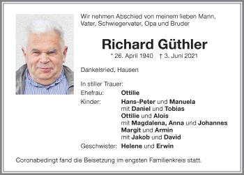 Traueranzeige von Richard Güthler von Memminger Zeitung