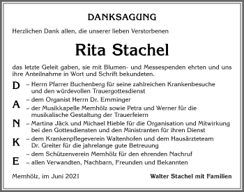 Traueranzeige von Rita Stachel von Allgäuer Zeitung,Kempten