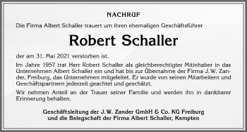 Traueranzeige von Robert Schaller von Allgäuer Zeitung,Kempten