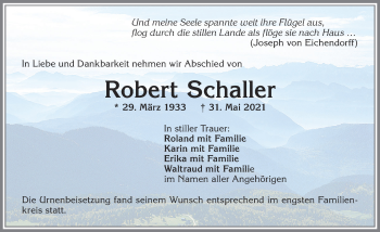 Traueranzeige von Robert Schaller von Allgäuer Zeitung,Kempten