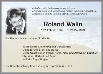 Traueranzeige von Roland Walin von Allgäuer Zeitung, Kaufbeuren/Buchloe