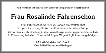 Traueranzeige von Rosalinde Fahrenschon von Allgäuer Zeitung,Kempten