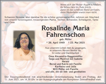 Traueranzeige von Rosalinde Maria Fahrenschon von Allgäuer Zeitung,Kempten