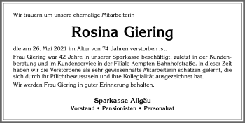 Traueranzeige von Rosina Giering von Allgäuer Zeitung,Kempten