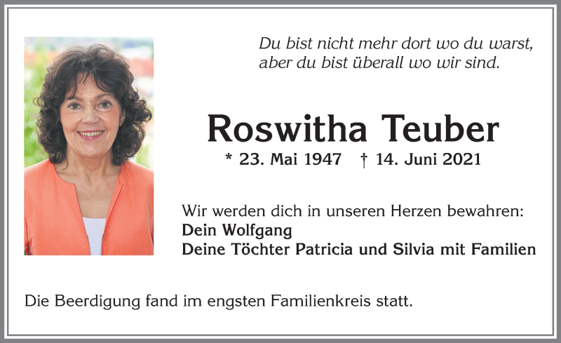  Traueranzeige für Roswitha Teuber vom 19.06.2021 aus Allgäuer Zeitung,Kempten