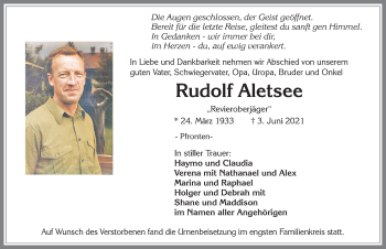 Traueranzeige von Rudolf Aletsee von Allgäuer Zeitung, Füssen
