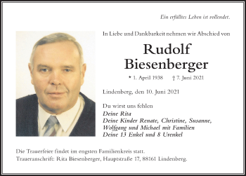 Traueranzeige von Rudolf Biesenberger von Der Westallgäuer