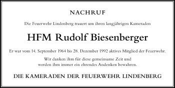 Traueranzeige von Rudolf Biesenberger von Der Westallgäuer