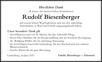Traueranzeige von Rudolf Biesenberger von Der Westallgäuer