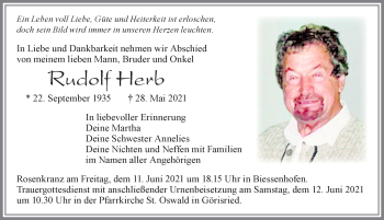 Traueranzeige von Rudolf Herb von Allgäuer Zeitung, Marktoberdorf