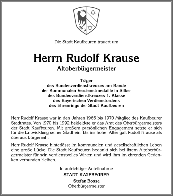 Traueranzeige von Rudolf Krause von Allgäuer Zeitung, Kaufbeuren/Buchloe