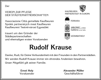 Traueranzeige von Rudolf Krause von Allgäuer Zeitung, Kaufbeuren/Buchloe