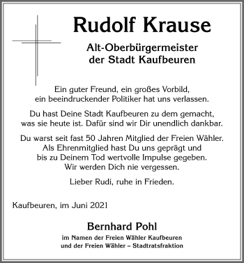 Traueranzeige von Rudolf Krause von Allgäuer Zeitung, Kaufbeuren/Buchloe