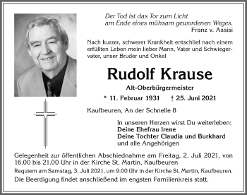 Traueranzeige von Rudolf Krause von Allgäuer Zeitung, Kaufbeuren/Buchloe