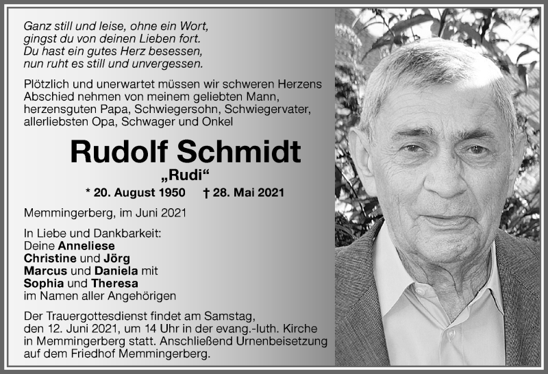  Traueranzeige für Rudolf Schmidt vom 09.06.2021 aus Memminger Zeitung