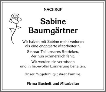 Traueranzeige von Sabine Baumgärtner von Allgäuer Anzeigeblatt