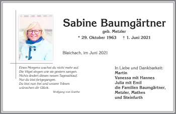 Traueranzeige von Sabine Baumgärtner von Allgäuer Anzeigeblatt