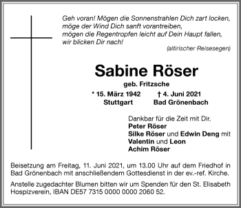 Traueranzeige von Sabine Röser von Memminger Zeitung
