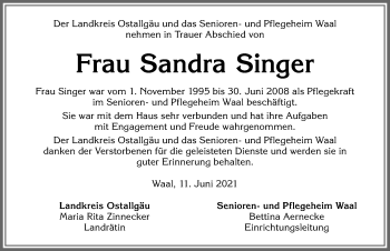 Traueranzeige von Sandra Singer von Allgäuer Zeitung, Kaufbeuren/Buchloe