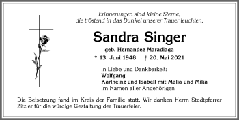 Traueranzeige von Sandra Singer von Allgäuer Zeitung, Kaufbeuren/Buchloe