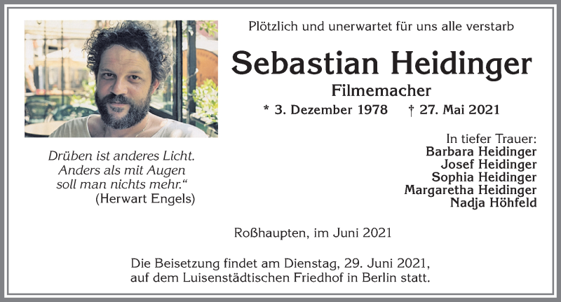  Traueranzeige für Sebastian Heidinger vom 19.06.2021 aus Allgäuer Zeitung, Füssen