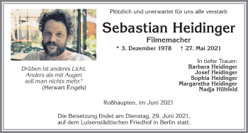 Traueranzeige von Sebastian Heidinger von Allgäuer Zeitung, Füssen