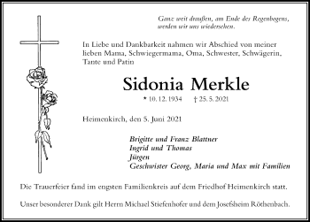 Traueranzeige von Sidonia Merkle von Der Westallgäuer