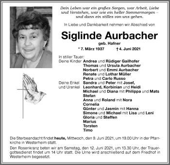 Traueranzeige von Sieglinde Aurbacher von Memminger Zeitung